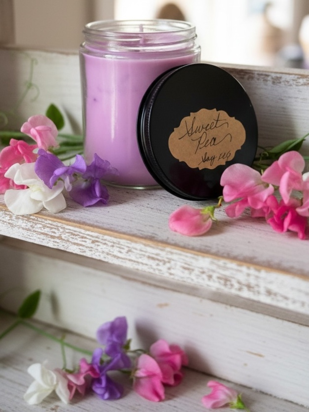 Handmade handpoured Sweet Pea Scented Candle - Lavender Lilac Jar
8 Oz Soy 
NWT